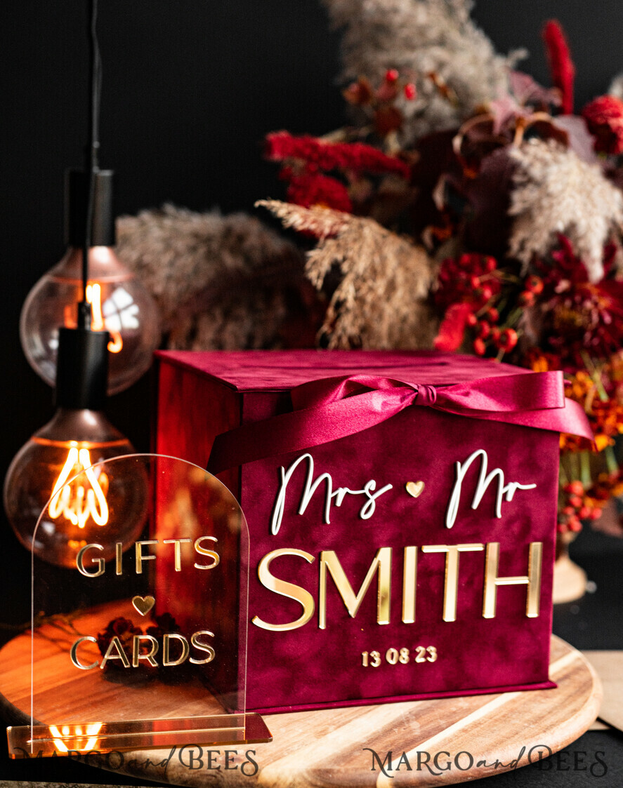 CARD BOXES velvet card boxes burgundy Card Box & arch acrylic sign , Maroon Wedding Card Box with Lid, Marsala Wedding Money Box, Wedding Card Box with slot cards & gift Arch acrylic sign set