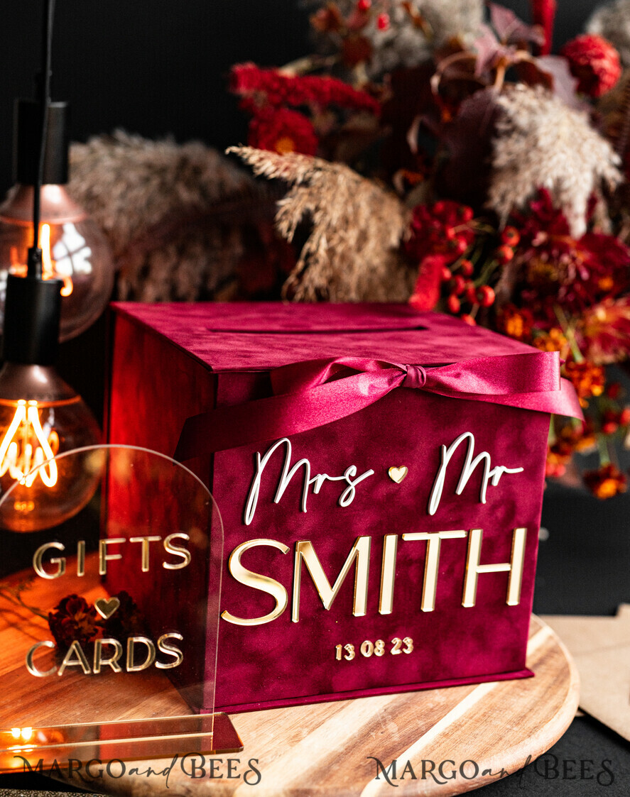 CARD BOXES velvet card boxes burgundy Card Box & arch acrylic sign , Maroon Wedding Card Box with Lid, Marsala Wedding Money Box, Wedding Card Box with slot cards & gift Arch acrylic sign set