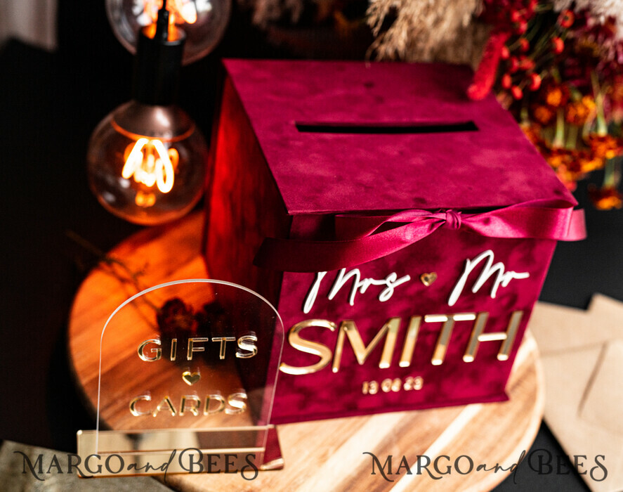 CARD BOXES velvet card boxes burgundy Card Box & arch acrylic sign , Maroon Wedding Card Box with Lid, Marsala Wedding Money Box, Wedding Card Box with slot cards & gift Arch acrylic sign set