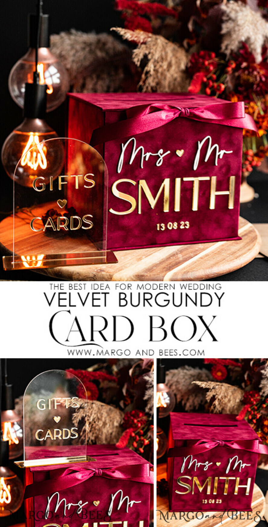 CARD BOXES velvet card boxes burgundy Card Box & arch acrylic sign , Maroon Wedding Card Box with Lid, Marsala Wedding Money Box, Wedding Card Box with slot cards & gift Arch acrylic sign set