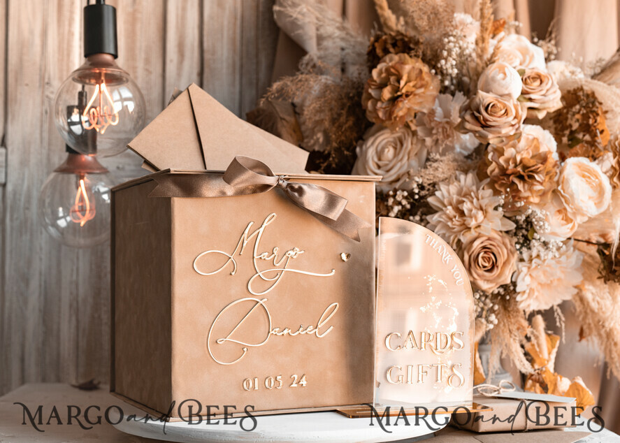 CARD BOXES velvet card boxes Velvet Taupe Card Box & Plexi sign set, Wedding Card Box with Lid, Beige Gold Wedding Money Box, Nude Wedding Card Box with slot, cards and gift Arch acrylic sign set