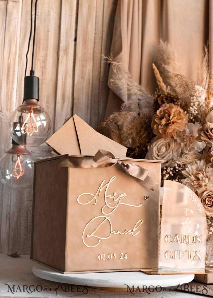 CARD BOXES velvet card boxes Velvet Taupe Card Box & Plexi sign set, Wedding Card Box with Lid, Beige Gold Wedding Money Box, Nude Wedding Card Box with slot, cards and gift Arch acrylic sign set