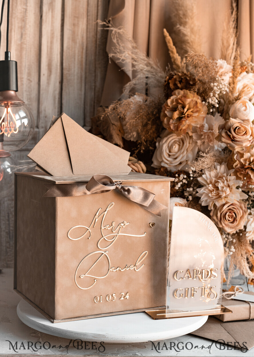 CARD BOXES velvet card boxes Velvet Taupe Card Box & Plexi sign set, Wedding Card Box with Lid, Beige Gold Wedding Money Box, Nude Wedding Card Box with slot, cards and gift Arch acrylic sign set