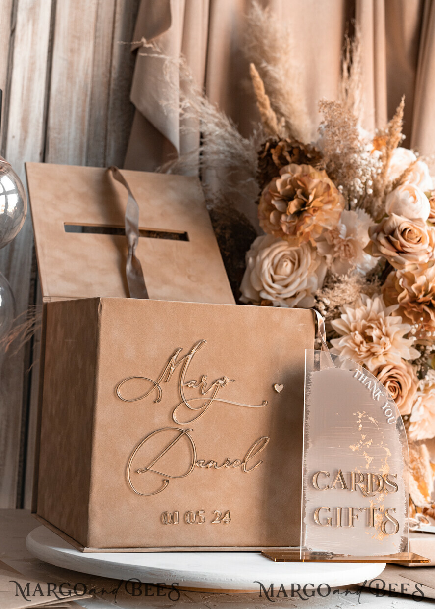 CARD BOXES velvet card boxes Velvet Taupe Card Box & Plexi sign set, Wedding Card Box with Lid, Beige Gold Wedding Money Box, Nude Wedding Card Box with slot, cards and gift Arch acrylic sign set
