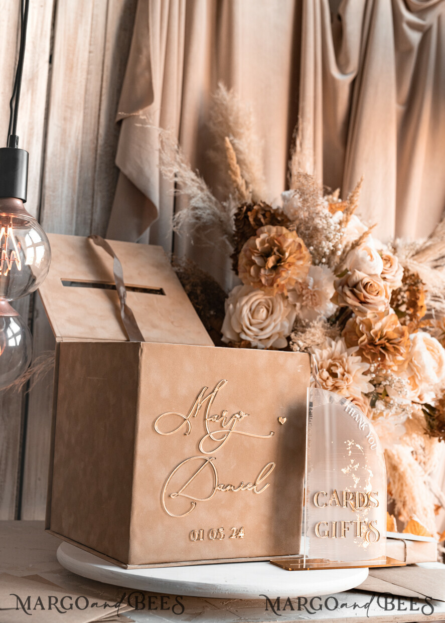 CARD BOXES velvet card boxes Velvet Taupe Card Box & Plexi sign set, Wedding Card Box with Lid, Beige Gold Wedding Money Box, Nude Wedding Card Box with slot, cards and gift Arch acrylic sign set