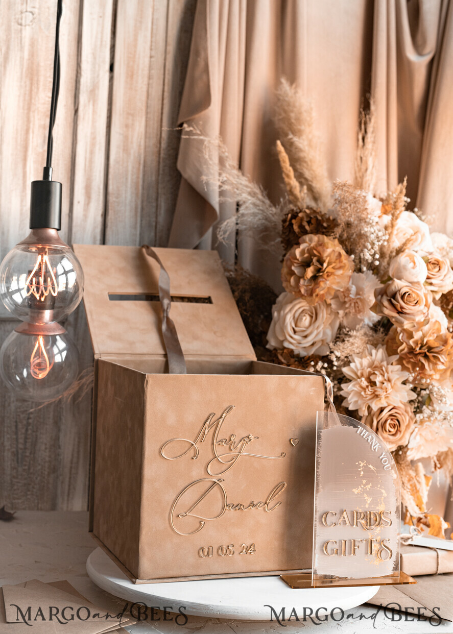 CARD BOXES velvet card boxes Velvet Taupe Card Box & Plexi sign set, Wedding Card Box with Lid, Beige Gold Wedding Money Box, Nude Wedding Card Box with slot, cards and gift Arch acrylic sign set