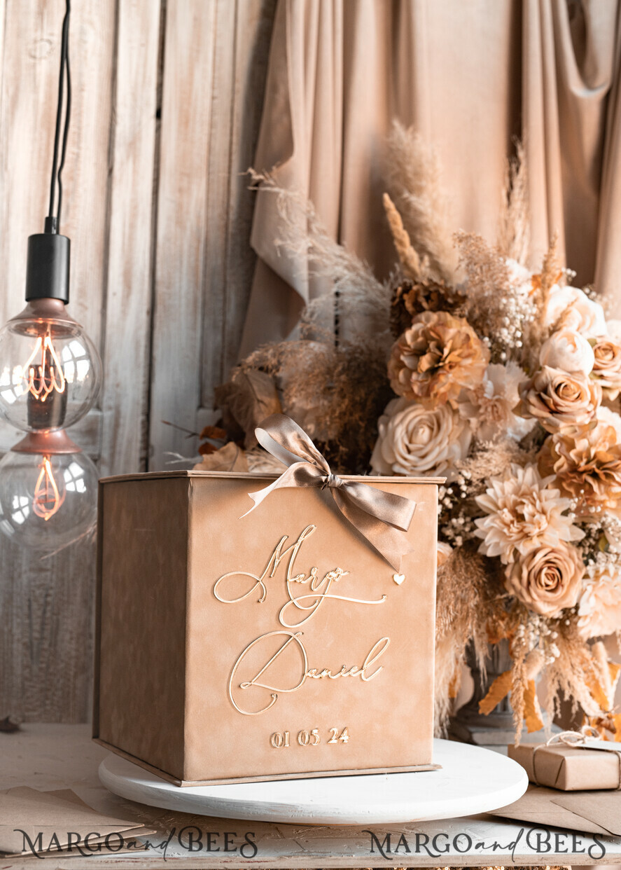 CARD BOXES velvet card boxes Velvet Taupe Card Box & Plexi sign set, Wedding Card Box with Lid, Beige Gold Wedding Money Box, Nude Wedding Card Box with slot, cards and gift Arch acrylic sign set