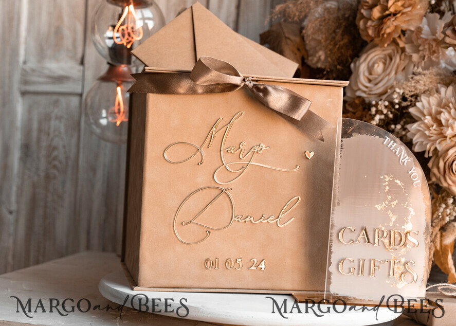 CARD BOXES velvet card boxes Velvet Taupe Card Box & Plexi sign set, Wedding Card Box with Lid, Beige Gold Wedding Money Box, Nude Wedding Card Box with slot, cards and gift Arch acrylic sign set