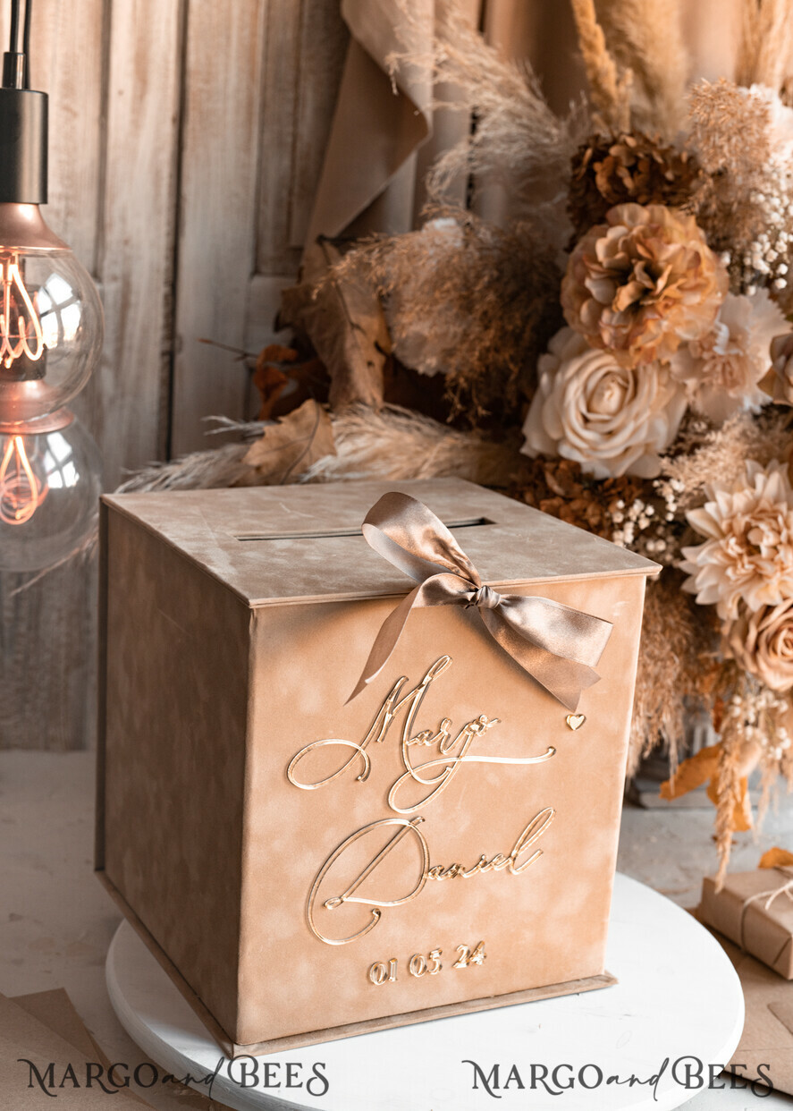 CARD BOXES velvet card boxes Velvet Taupe Card Box & Plexi sign set, Wedding Card Box with Lid, Beige Gold Wedding Money Box, Nude Wedding Card Box with slot, cards and gift Arch acrylic sign set