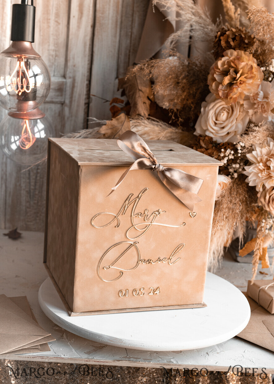 CARD BOXES velvet card boxes Velvet Taupe Card Box & Plexi sign set, Wedding Card Box with Lid, Beige Gold Wedding Money Box, Nude Wedding Card Box with slot, cards and gift Arch acrylic sign set