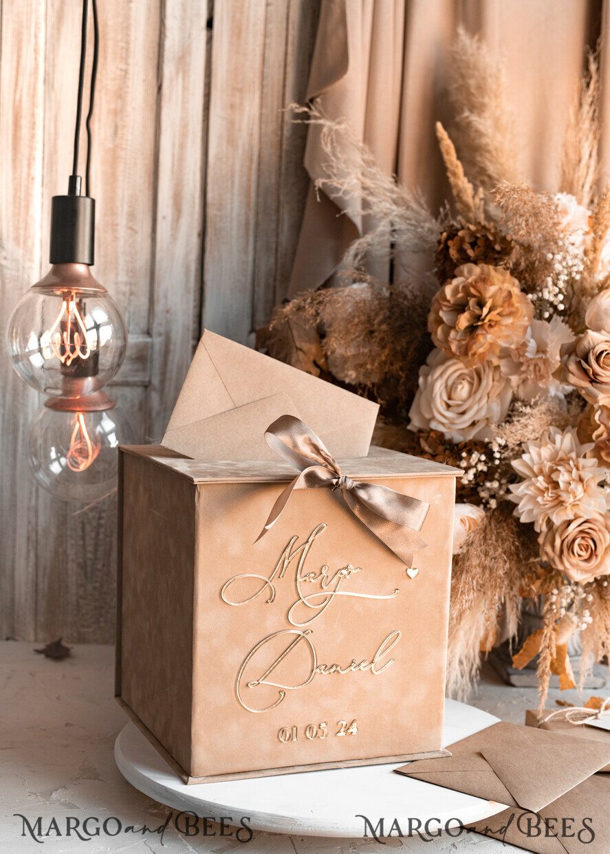 CARD BOXES velvet card boxes Velvet Taupe Card Box & Plexi sign set, Wedding Card Box with Lid, Beige Gold Wedding Money Box, Nude Wedding Card Box with slot, cards and gift Arch acrylic sign set