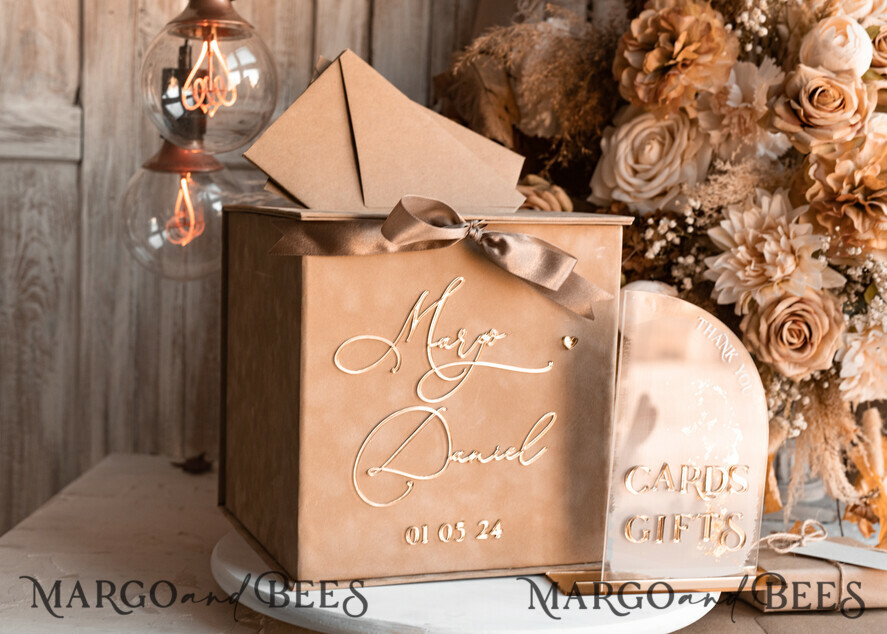 CARD BOXES velvet card boxes Velvet Taupe Card Box & Plexi sign set, Wedding Card Box with Lid, Beige Gold Wedding Money Box, Nude Wedding Card Box with slot, cards and gift Arch acrylic sign set