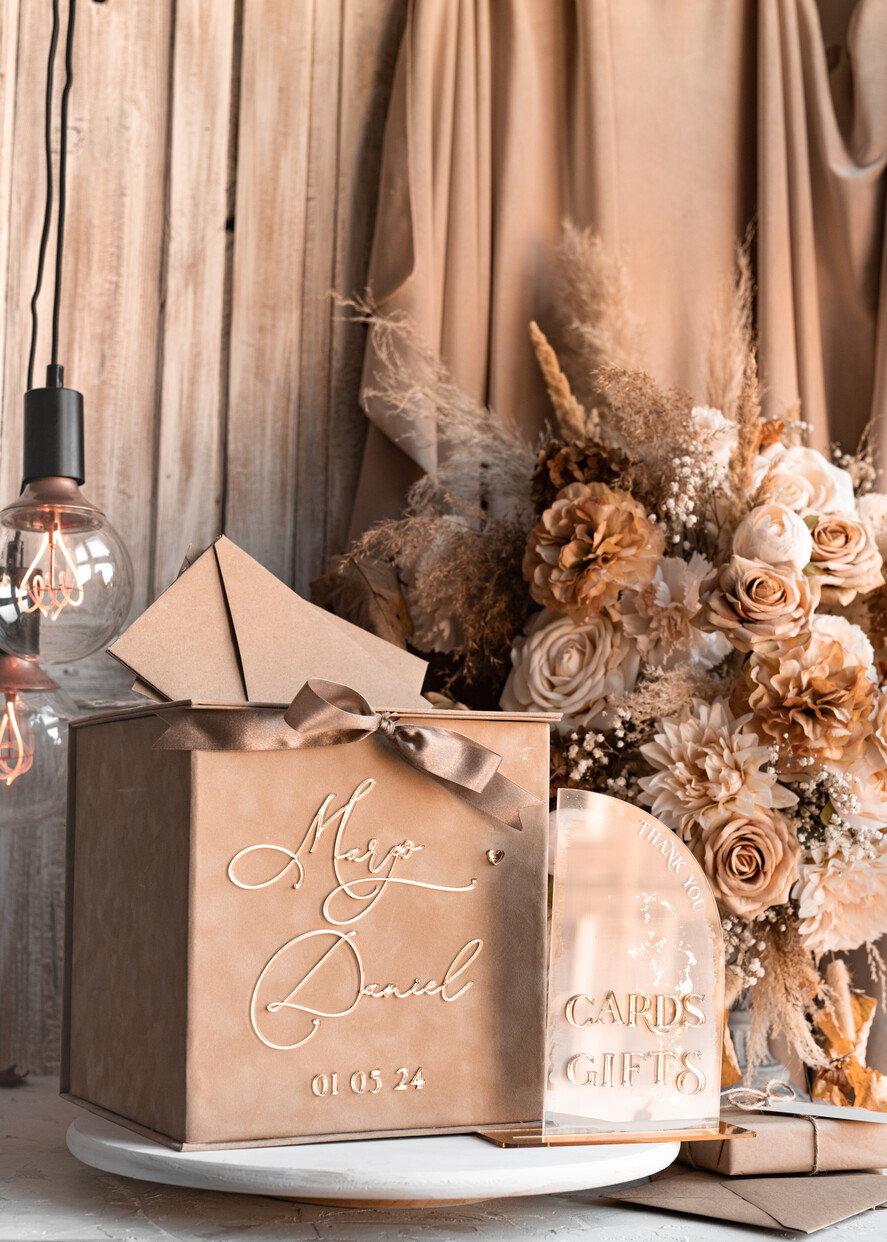 CARD BOXES velvet card boxes Velvet Taupe Card Box & Plexi sign set, Wedding Card Box with Lid, Beige Gold Wedding Money Box, Nude Wedding Card Box with slot, cards and gift Arch acrylic sign set
