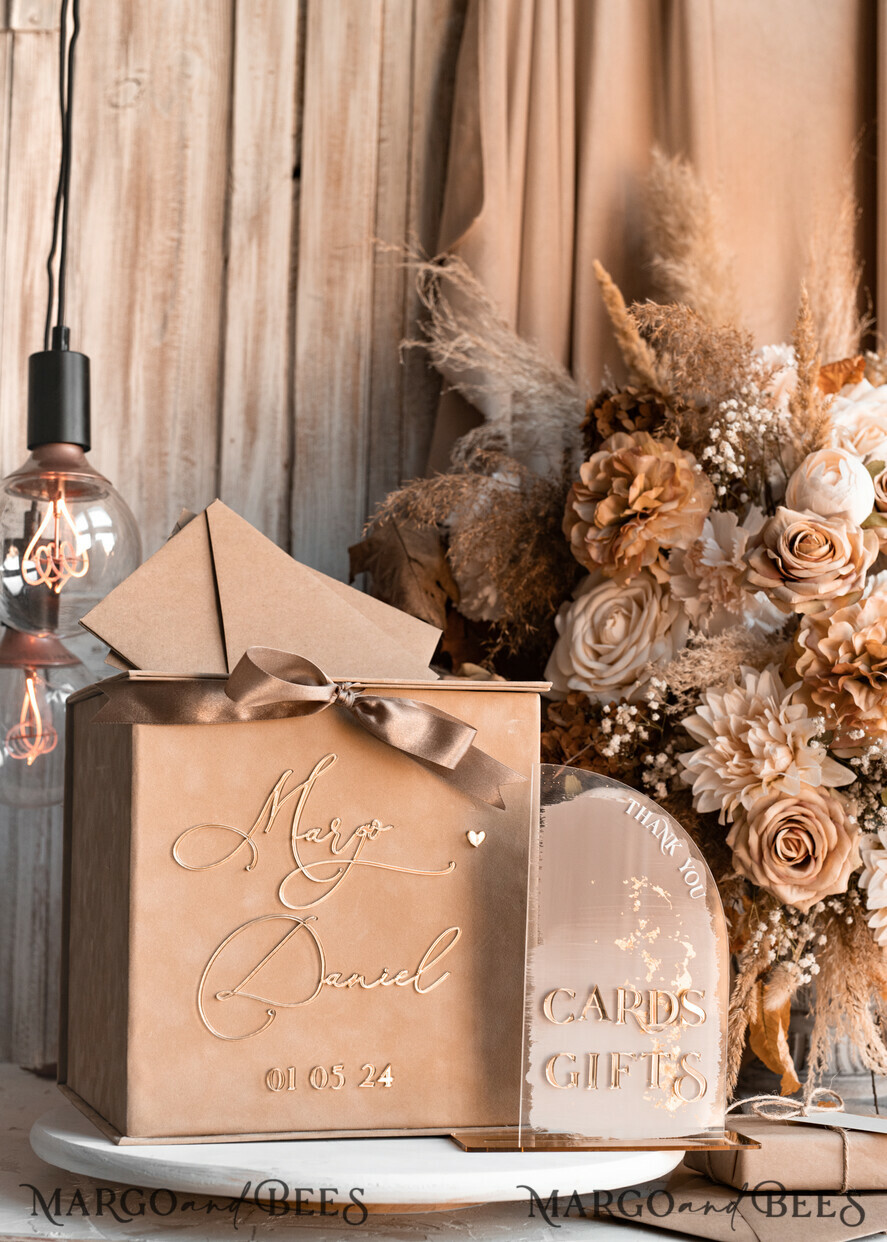 CARD BOXES velvet card boxes Velvet Taupe Card Box & Plexi sign set, Wedding Card Box with Lid, Beige Gold Wedding Money Box, Nude Wedding Card Box with slot, cards and gift Arch acrylic sign set