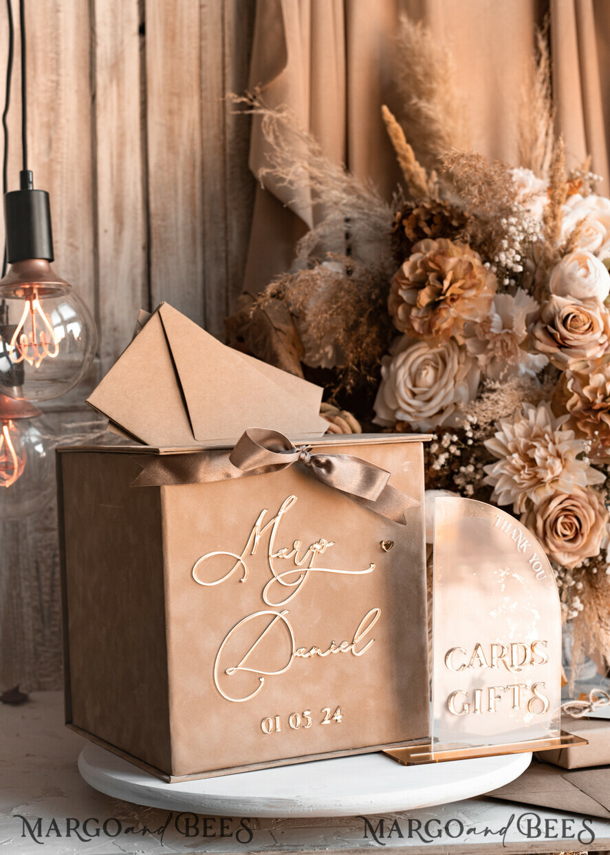 CARD BOXES velvet card boxes Velvet Taupe Card Box & Plexi sign set, Wedding Card Box with Lid, Beige Gold Wedding Money Box, Nude Wedding Card Box with slot, cards and gift Arch acrylic sign set