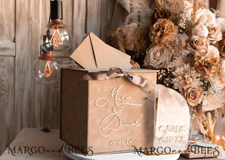 CARD BOXES velvet card boxes Velvet Taupe Card Box & Plexi sign set, Wedding Card Box with Lid, Beige Gold Wedding Money Box, Nude Wedding Card Box with slot, cards and gift Arch acrylic sign set