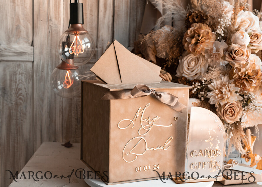 CARD BOXES velvet card boxes Velvet Taupe Card Box & Plexi sign set, Wedding Card Box with Lid, Beige Gold Wedding Money Box, Nude Wedding Card Box with slot, cards and gift Arch acrylic sign set