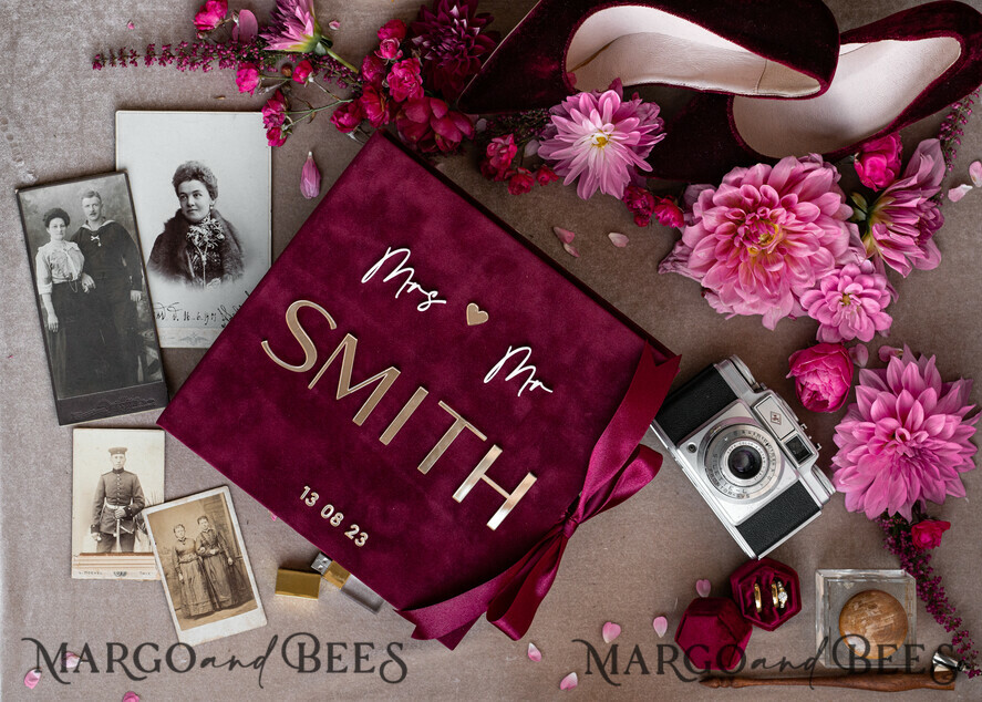 PHOTO ALBUM/ PHOTO BOX Velvet Photo Box Photographer Box Burgundy Large Velvet Photo Box, Maroon Photographer Box, Marsala Gold Wedding Memory Box, Gold Mirror Custom Keepsake Box, Photographer Gifts for Clients, Wedding Pictures packaging, Custom photography Copper box