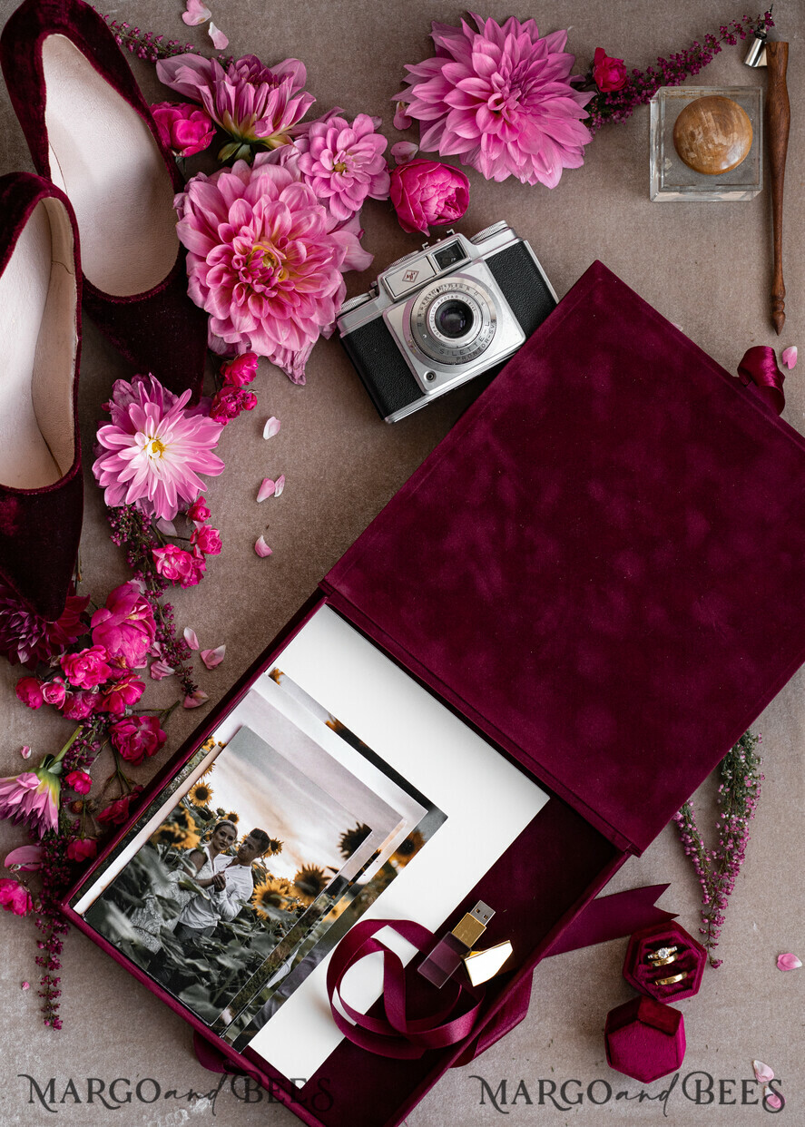 PHOTO ALBUM/ PHOTO BOX Velvet Photo Box Photographer Box Burgundy Large Velvet Photo Box, Maroon Photographer Box, Marsala Gold Wedding Memory Box, Gold Mirror Custom Keepsake Box, Photographer Gifts for Clients, Wedding Pictures packaging, Custom photography Copper box