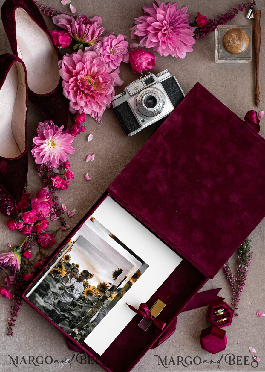 PHOTO ALBUM/ PHOTO BOX Velvet Photo Box Photographer Box Burgundy Large Velvet Photo Box, Maroon Photographer Box, Marsala Gold Wedding Memory Box, Gold Mirror Custom Keepsake Box, Photographer Gifts for Clients, Wedding Pictures packaging, Custom photography Copper box