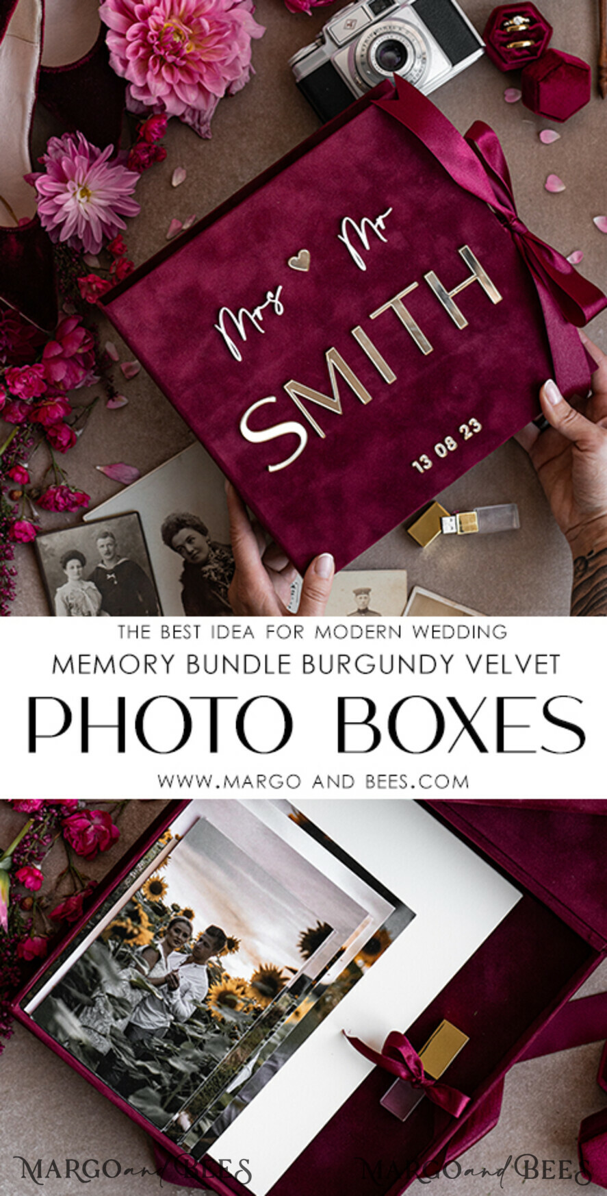 PHOTO ALBUM/ PHOTO BOX Velvet Photo Box Photographer Box Burgundy Large Velvet Photo Box, Maroon Photographer Box, Marsala Gold Wedding Memory Box, Gold Mirror Custom Keepsake Box, Photographer Gifts for Clients, Wedding Pictures packaging, Custom photography Copper box