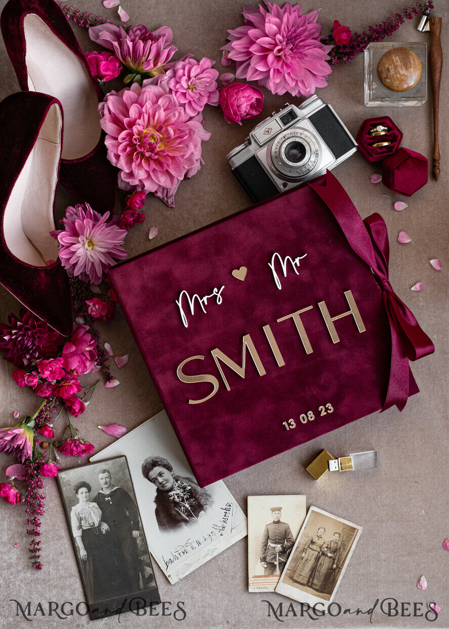 PHOTO ALBUM/ PHOTO BOX Velvet Photo Box Photographer Box Burgundy Large Velvet Photo Box, Maroon Photographer Box, Marsala Gold Wedding Memory Box, Gold Mirror Custom Keepsake Box, Photographer Gifts for Clients, Wedding Pictures packaging, Custom photography Copper box
