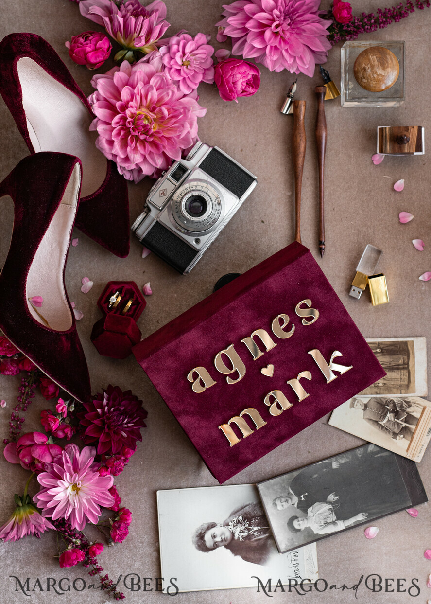 PHOTO ALBUM/ PHOTO BOX Velvet Photo Box Photographer Box Burgundy Velvet Photo Box, Maroon Photographer Box, Marsala Gold Wedding Memory Box, Gold Mirror Custom Keepsake Box, Photographer Gifts for Clients, Wedding Pictures packaging, Custom photography Copper box