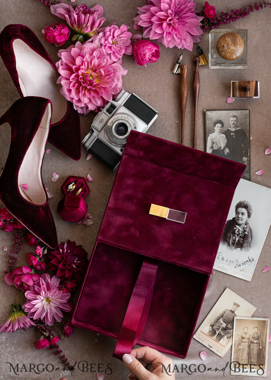 PHOTO ALBUM/ PHOTO BOX Velvet Photo Box Photographer Box Burgundy Velvet Photo Box, Maroon Photographer Box, Marsala Gold Wedding Memory Box, Gold Mirror Custom Keepsake Box, Photographer Gifts for Clients, Wedding Pictures packaging, Custom photography Copper box
