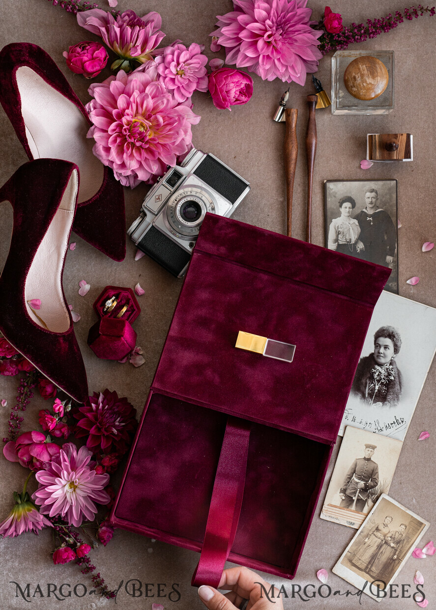PHOTO ALBUM/ PHOTO BOX Velvet Photo Box Photographer Box Burgundy Velvet Photo Box, Maroon Photographer Box, Marsala Gold Wedding Memory Box, Gold Mirror Custom Keepsake Box, Photographer Gifts for Clients, Wedding Pictures packaging, Custom photography Copper box