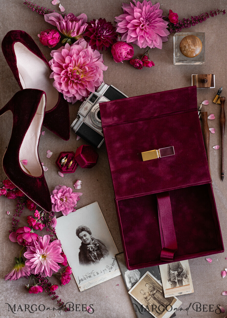 PHOTO ALBUM/ PHOTO BOX Velvet Photo Box Photographer Box Burgundy Velvet Photo Box, Maroon Photographer Box, Marsala Gold Wedding Memory Box, Gold Mirror Custom Keepsake Box, Photographer Gifts for Clients, Wedding Pictures packaging, Custom photography Copper box