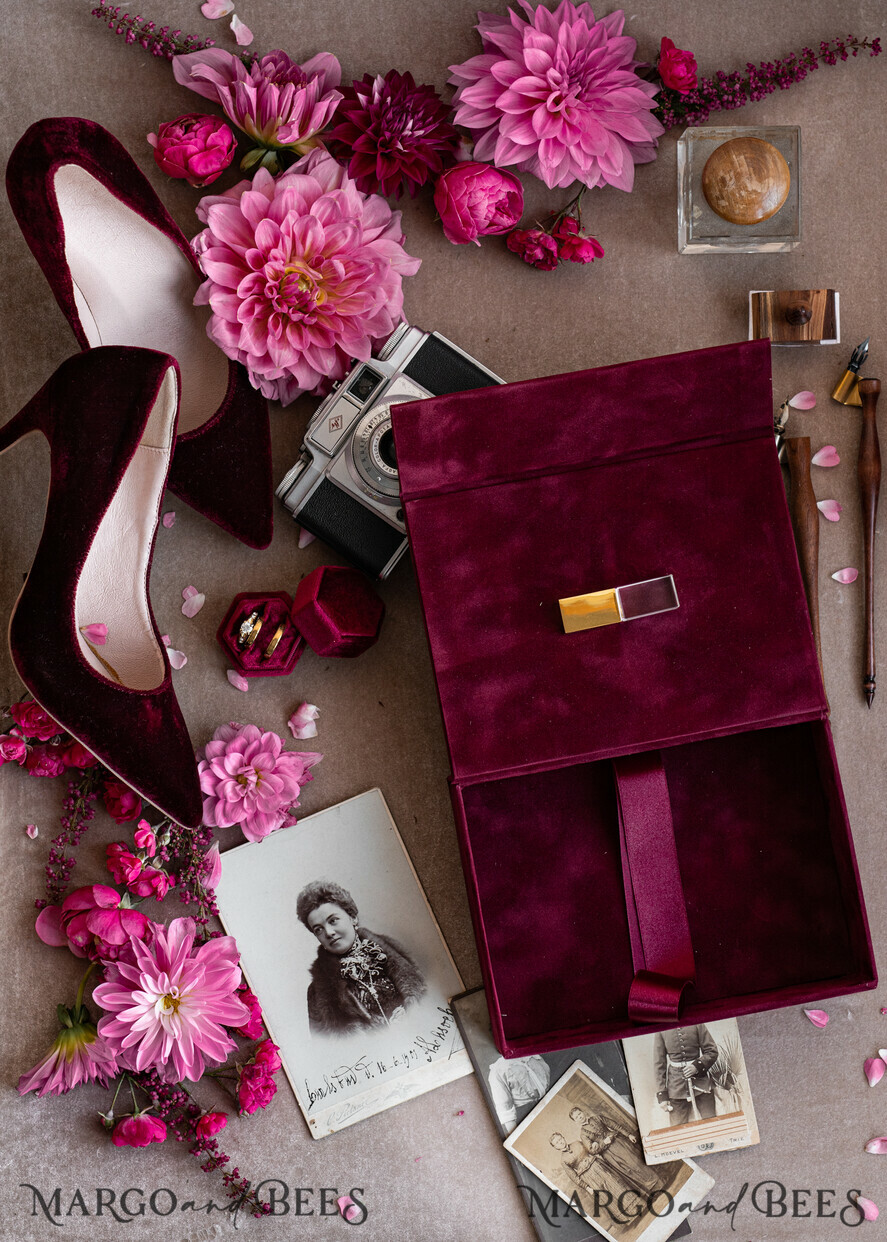 PHOTO ALBUM/ PHOTO BOX Velvet Photo Box Photographer Box Burgundy Velvet Photo Box, Maroon Photographer Box, Marsala Gold Wedding Memory Box, Gold Mirror Custom Keepsake Box, Photographer Gifts for Clients, Wedding Pictures packaging, Custom photography Copper box