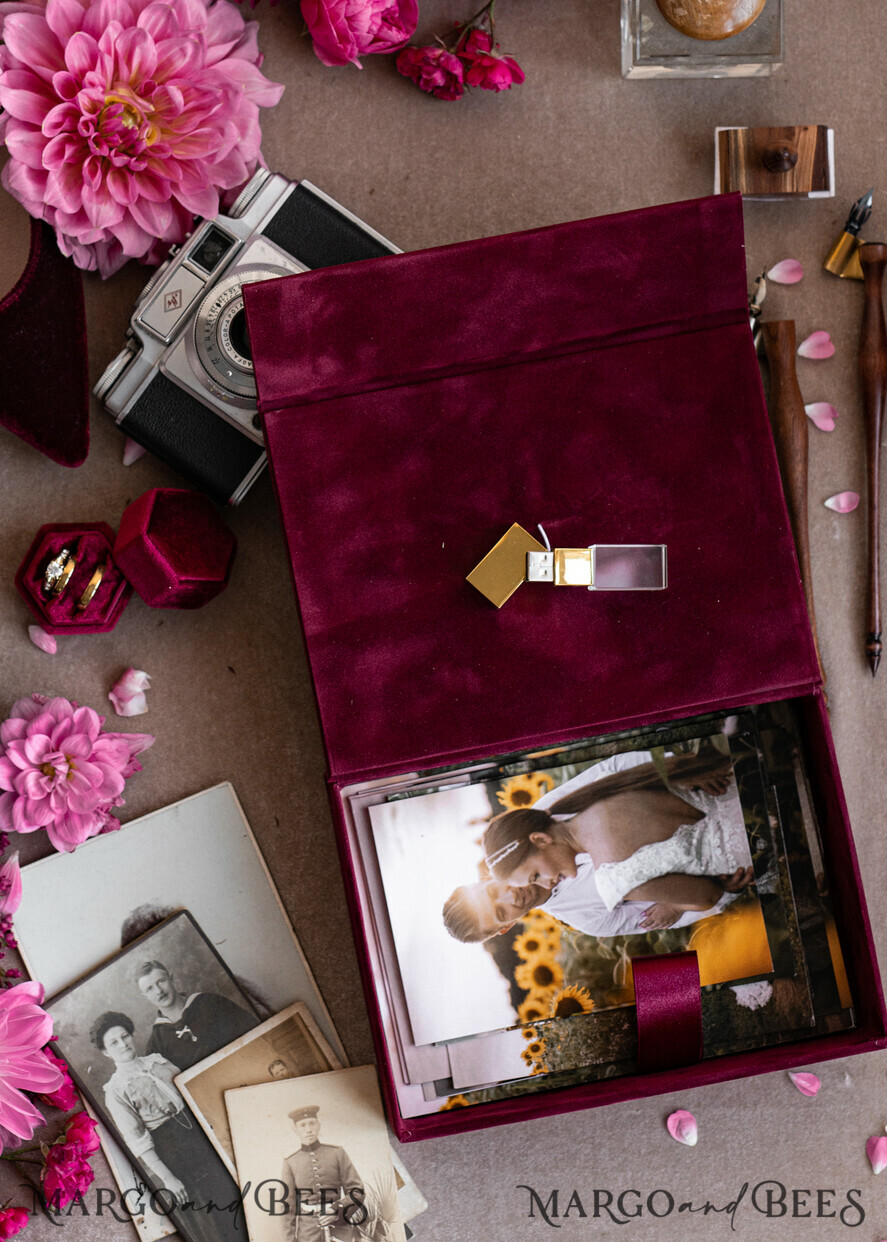 PHOTO ALBUM/ PHOTO BOX Velvet Photo Box Photographer Box Burgundy Velvet Photo Box, Maroon Photographer Box, Marsala Gold Wedding Memory Box, Gold Mirror Custom Keepsake Box, Photographer Gifts for Clients, Wedding Pictures packaging, Custom photography Copper box