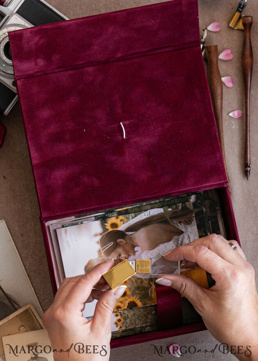 PHOTO ALBUM/ PHOTO BOX Velvet Photo Box Photographer Box Burgundy Velvet Photo Box, Maroon Photographer Box, Marsala Gold Wedding Memory Box, Gold Mirror Custom Keepsake Box, Photographer Gifts for Clients, Wedding Pictures packaging, Custom photography Copper box