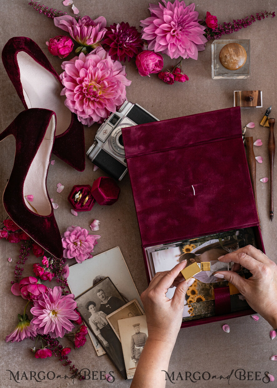 PHOTO ALBUM/ PHOTO BOX Velvet Photo Box Photographer Box Burgundy Velvet Photo Box, Maroon Photographer Box, Marsala Gold Wedding Memory Box, Gold Mirror Custom Keepsake Box, Photographer Gifts for Clients, Wedding Pictures packaging, Custom photography Copper box