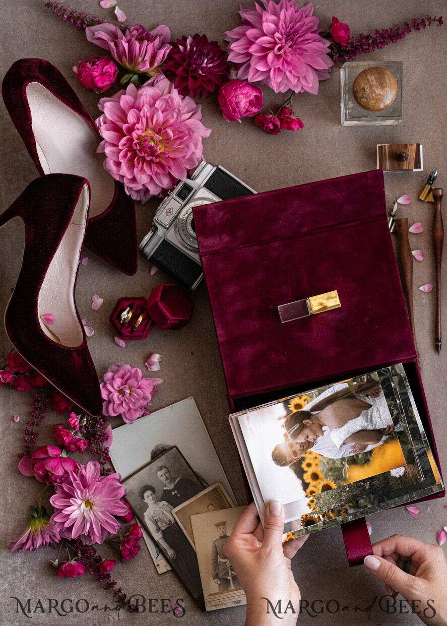 PHOTO ALBUM/ PHOTO BOX Velvet Photo Box Photographer Box Burgundy Velvet Photo Box, Maroon Photographer Box, Marsala Gold Wedding Memory Box, Gold Mirror Custom Keepsake Box, Photographer Gifts for Clients, Wedding Pictures packaging, Custom photography Copper box