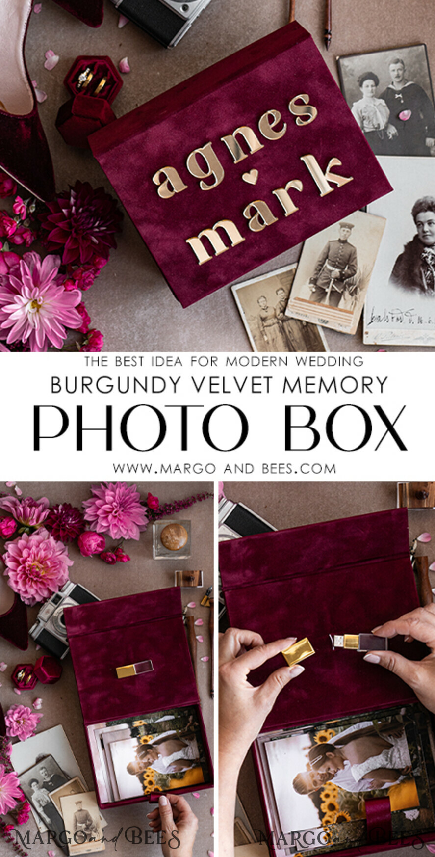 PHOTO ALBUM/ PHOTO BOX Velvet Photo Box Photographer Box Burgundy Velvet Photo Box, Maroon Photographer Box, Marsala Gold Wedding Memory Box, Gold Mirror Custom Keepsake Box, Photographer Gifts for Clients, Wedding Pictures packaging, Custom photography Copper box
