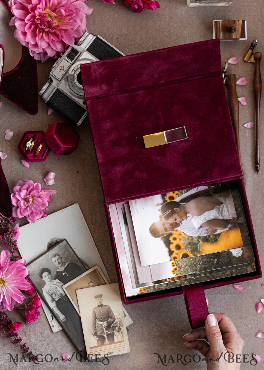 PHOTO ALBUM/ PHOTO BOX Velvet Photo Box Photographer Box Burgundy Velvet Photo Box, Maroon Photographer Box, Marsala Gold Wedding Memory Box, Gold Mirror Custom Keepsake Box, Photographer Gifts for Clients, Wedding Pictures packaging, Custom photography Copper box