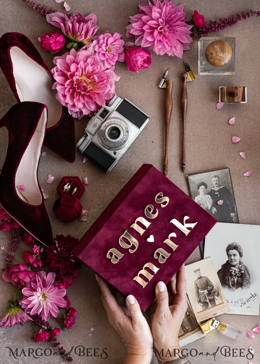 PHOTO ALBUM/ PHOTO BOX Velvet Photo Box Photographer Box Burgundy Velvet Photo Box, Maroon Photographer Box, Marsala Gold Wedding Memory Box, Gold Mirror Custom Keepsake Box, Photographer Gifts for Clients, Wedding Pictures packaging, Custom photography Copper box