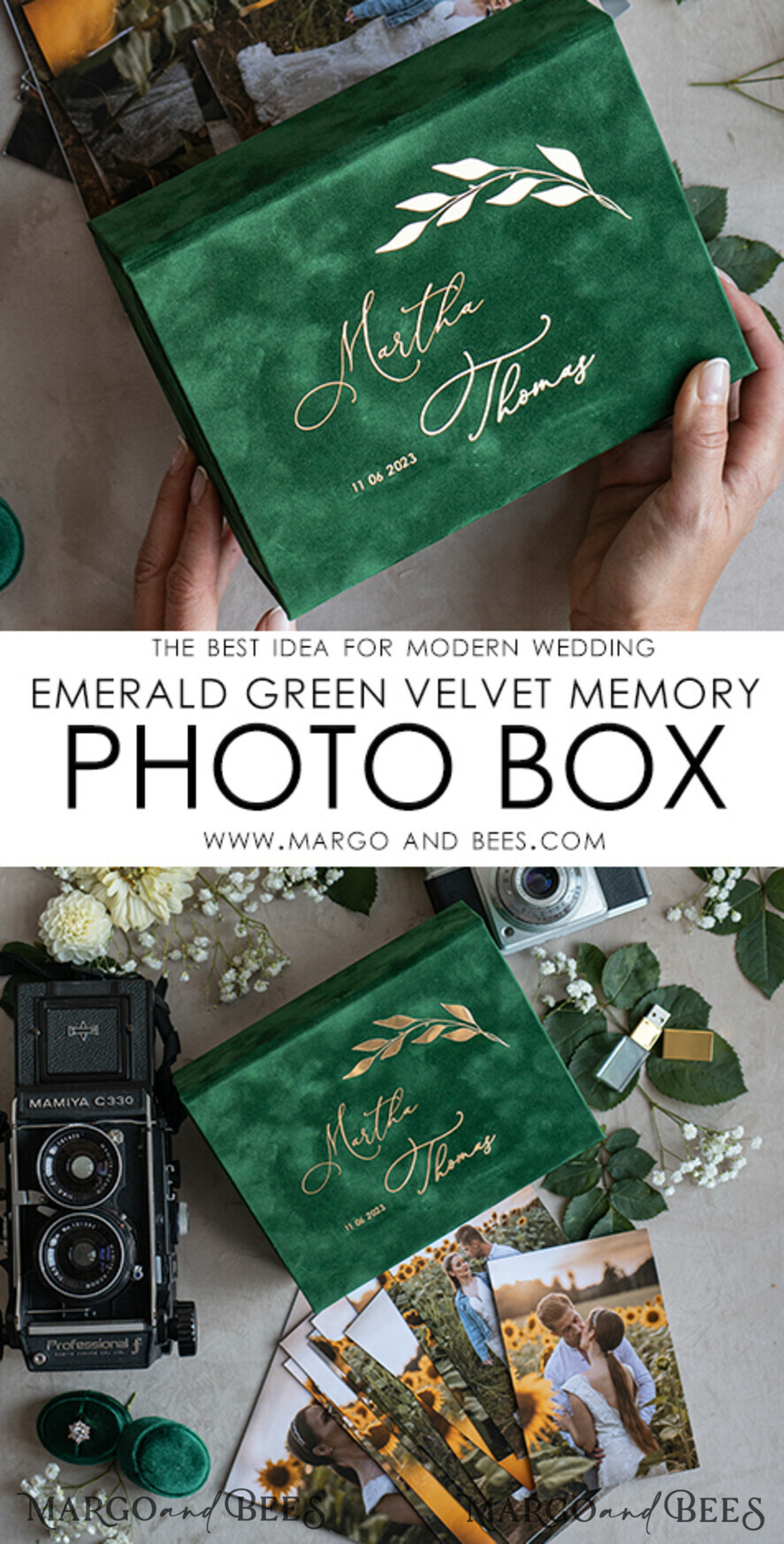 PHOTO ALBUM/ PHOTO BOX Velvet Photo Box Photographer Box Emerald Green Velvet Photo Box Photographer Box Wedding Memory Box, Greenery Custom Keepsake Box, Garden Photographer Gifts for Clients, Wedding Pictures packaging, Custom photography box