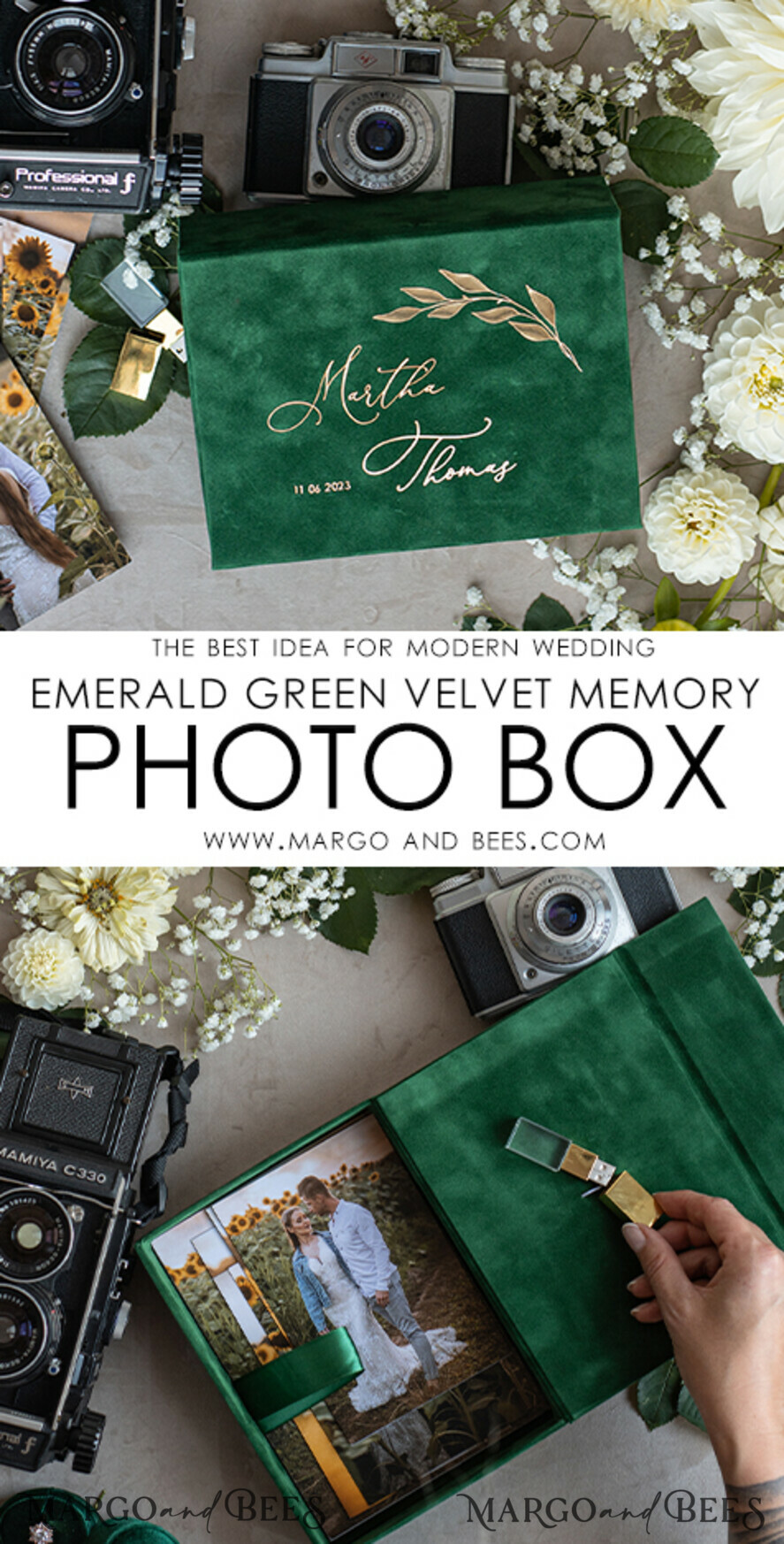 PHOTO ALBUM/ PHOTO BOX Velvet Photo Box Photographer Box Emerald Green Velvet Photo Box Photographer Box Wedding Memory Box, Greenery Custom Keepsake Box, Garden Photographer Gifts for Clients, Wedding Pictures packaging, Custom photography box