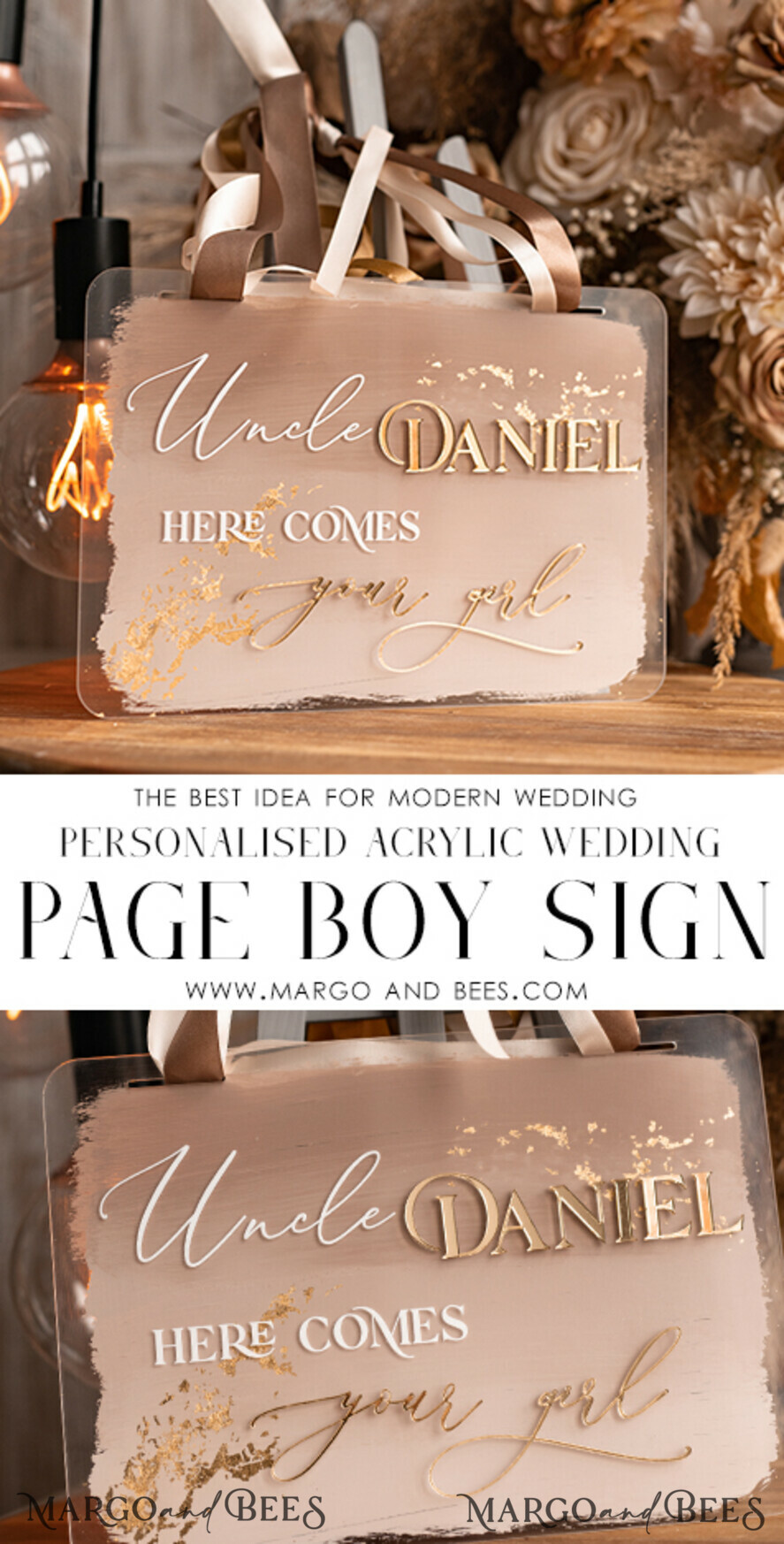FLOWER GIRL / Page Boy SIGNS acrylic flower girl / page boy signs Personalised Arch acrylic wedding Page Boy sign, Ombre Beige Gold acrylic Page boy sign, painted plexi glass acrylic flower girl sign, flower girl wedding day sign, boho glam arch gold acrylic wedding decor for flower girl, daddy its time to give mummy our last name, arch acrylic here comes the bride