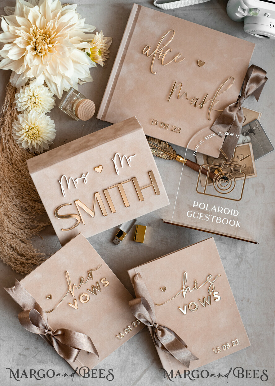 PHOTO ALBUM/ PHOTO BOX Memory Bundle PhotoBox Gustbooks Vows Beige Velvet Bundle Wedding Keepsake Set- Guestbook & sign, His Hers Wedding Vows, Photobox for pictures