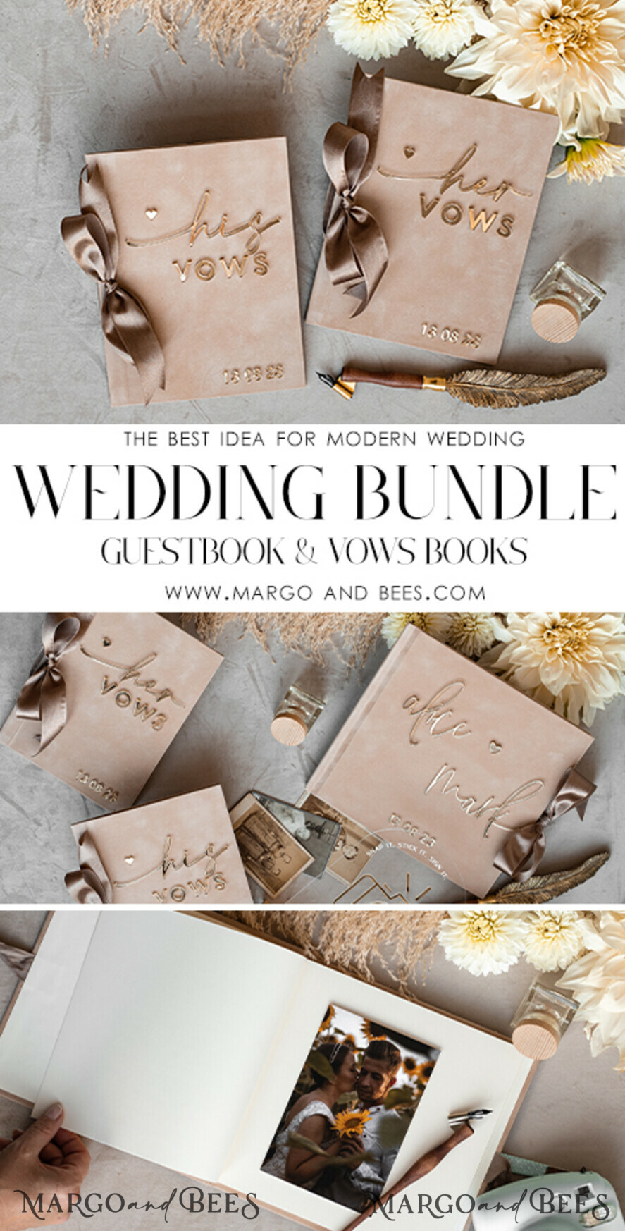 PHOTO ALBUM/ PHOTO BOX Memory Bundle PhotoBox Gustbooks Vows Beige Velvet Bundle Wedding Keepsake Set- Guestbook & sign, His Hers Wedding Vows, Photobox for pictures