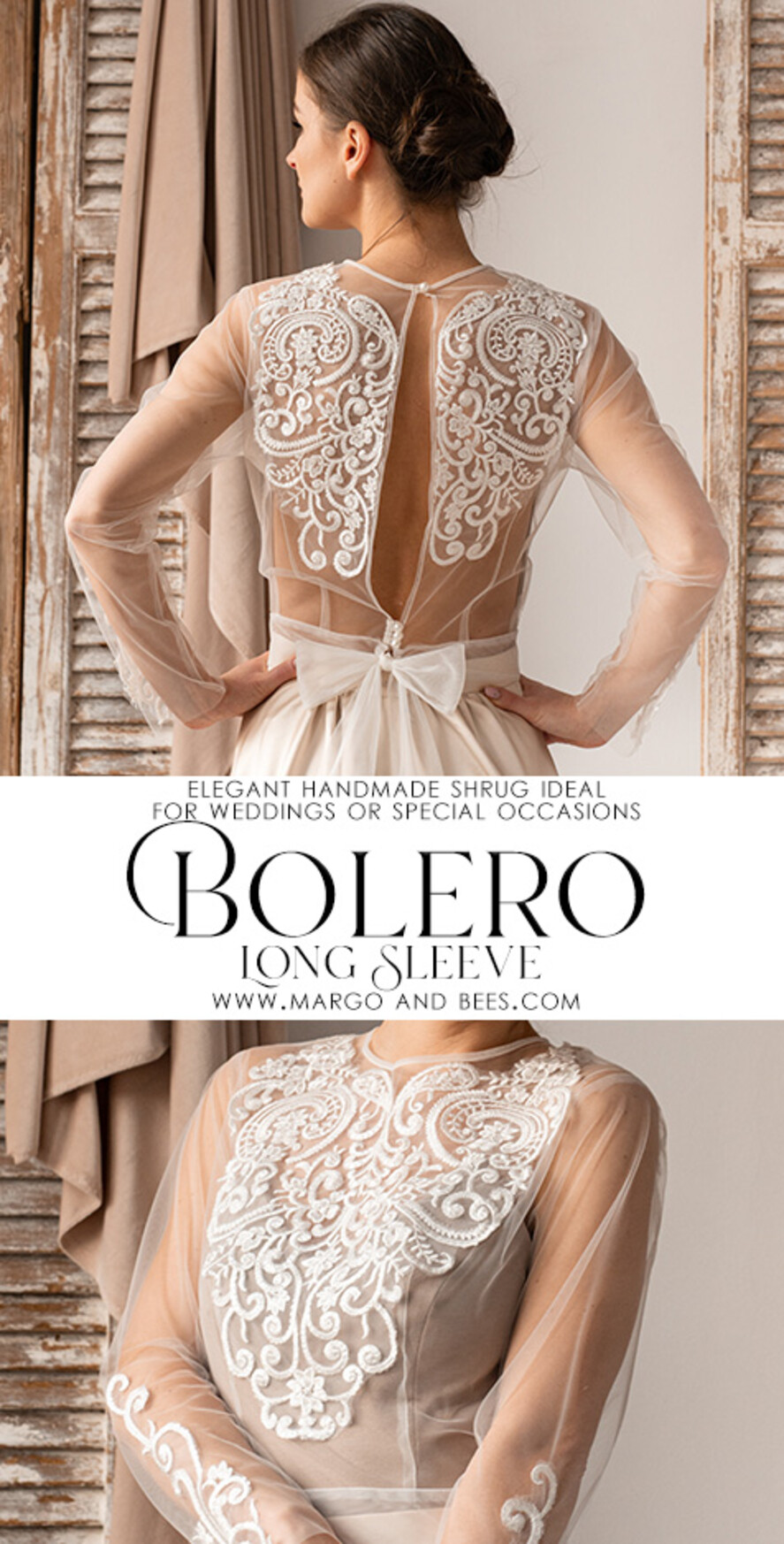 BRIDE bolero, robes, garter LACE WEDDING BOLERO Ivory Lace Wedding bolero long sleeve, Shrug Women Wedding, Bridal Backless Coverup, Nude Blouse for Bride, Wedding Dress Topper