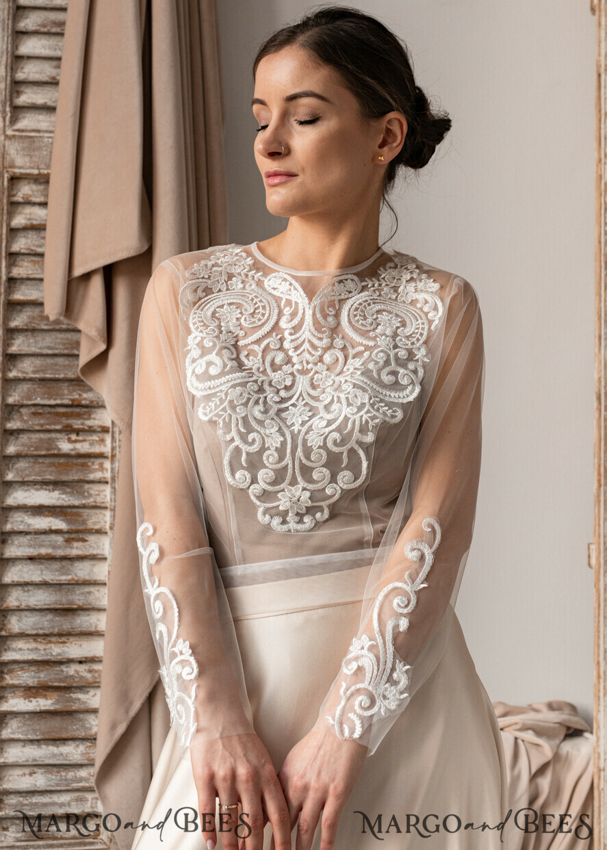 BRIDE bolero, robes, garter LACE WEDDING BOLERO Ivory Lace Wedding bolero long sleeve, Shrug Women Wedding, Bridal Backless Coverup, Nude Blouse for Bride, Wedding Dress Topper