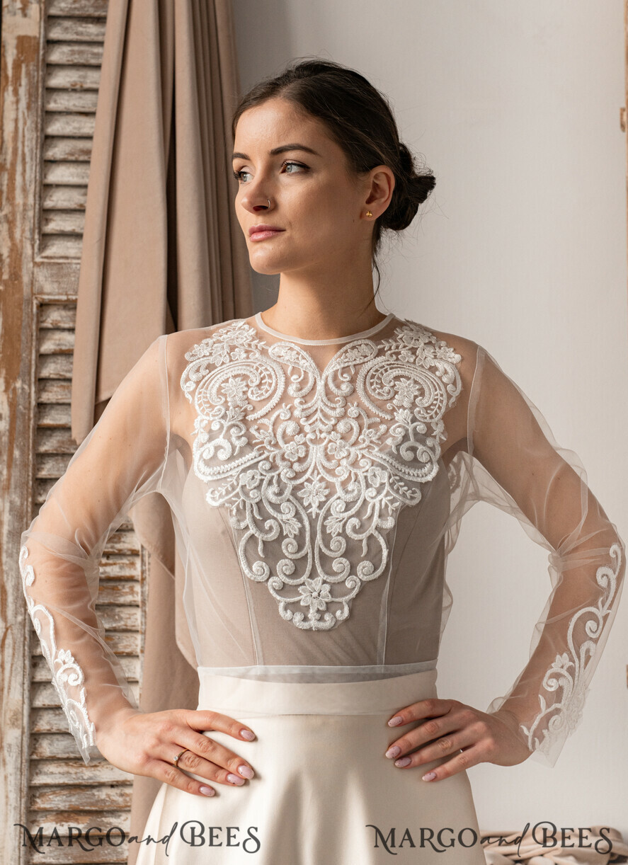 BRIDE bolero, robes, garter LACE WEDDING BOLERO Ivory Lace Wedding bolero long sleeve, Shrug Women Wedding, Bridal Backless Coverup, Nude Blouse for Bride, Wedding Dress Topper