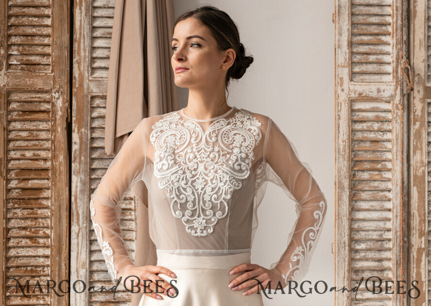 BRIDE bolero, robes, garter LACE WEDDING BOLERO Ivory Lace Wedding bolero long sleeve, Shrug Women Wedding, Bridal Backless Coverup, Nude Blouse for Bride, Wedding Dress Topper