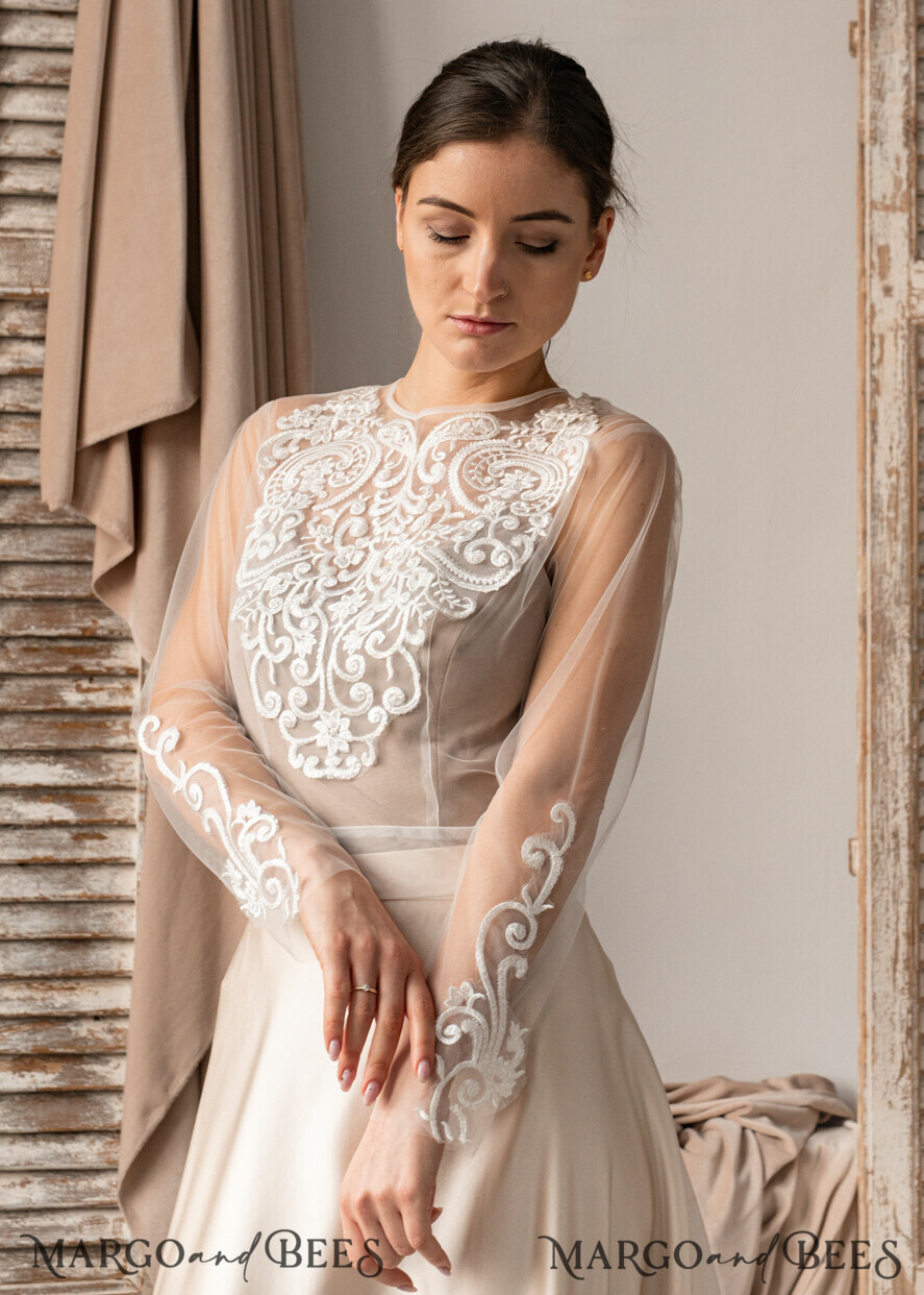 BRIDE bolero, robes, garter LACE WEDDING BOLERO Ivory Lace Wedding bolero long sleeve, Shrug Women Wedding, Bridal Backless Coverup, Nude Blouse for Bride, Wedding Dress Topper
