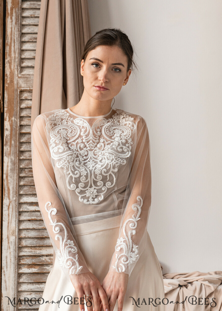 BRIDE bolero, robes, garter LACE WEDDING BOLERO Ivory Lace Wedding bolero long sleeve, Shrug Women Wedding, Bridal Backless Coverup, Nude Blouse for Bride, Wedding Dress Topper