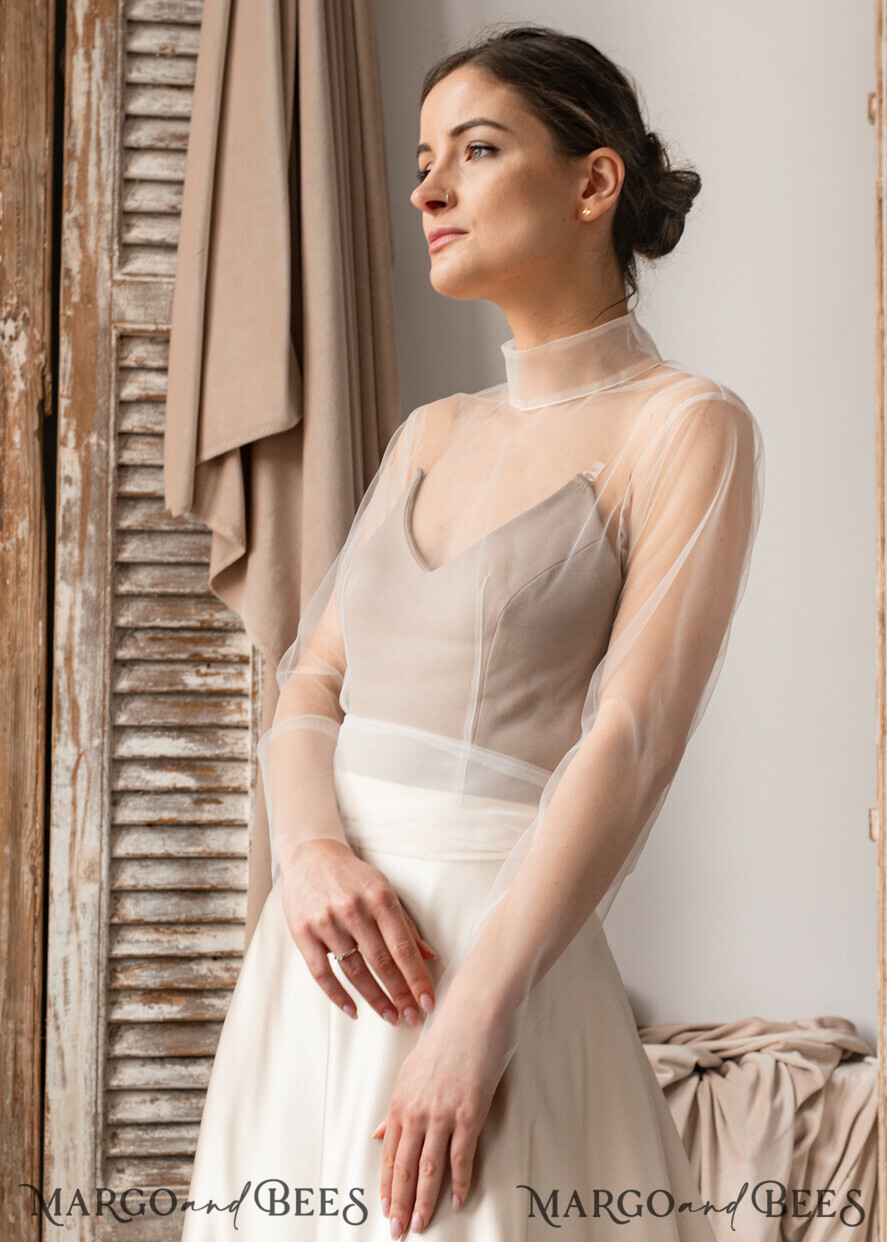 BRIDE bolero, robes, garter LACE WEDDING BOLERO Ivory tulle Wedding bolero long sleeve with bow scarf, Wedding Dress Topper, Bridal Coverup, Mesh Blouse for Bride, Bridal Tulle Blouse, dress capalet